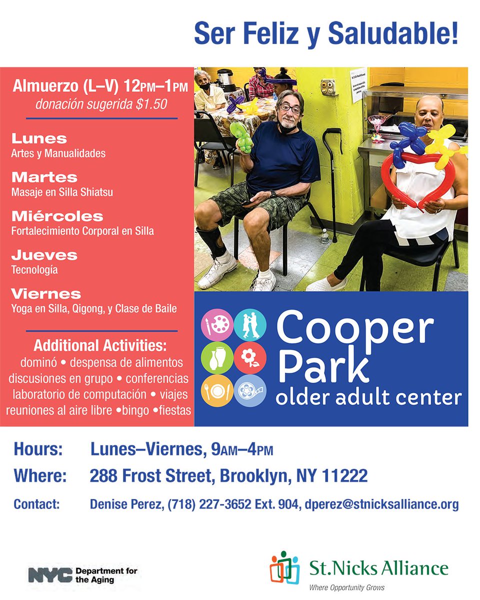stnicksalliance's tweet image. Looking for a way to stay active and connected with your peers? Explore new hobbies with new friends at the Cooper Park Older Adult Center! 🎨💃🏾🧘‍♂️🎉☀

#brooklyn #northbrooklyn #seniorfun #supportcommunity #olderadultcenters
