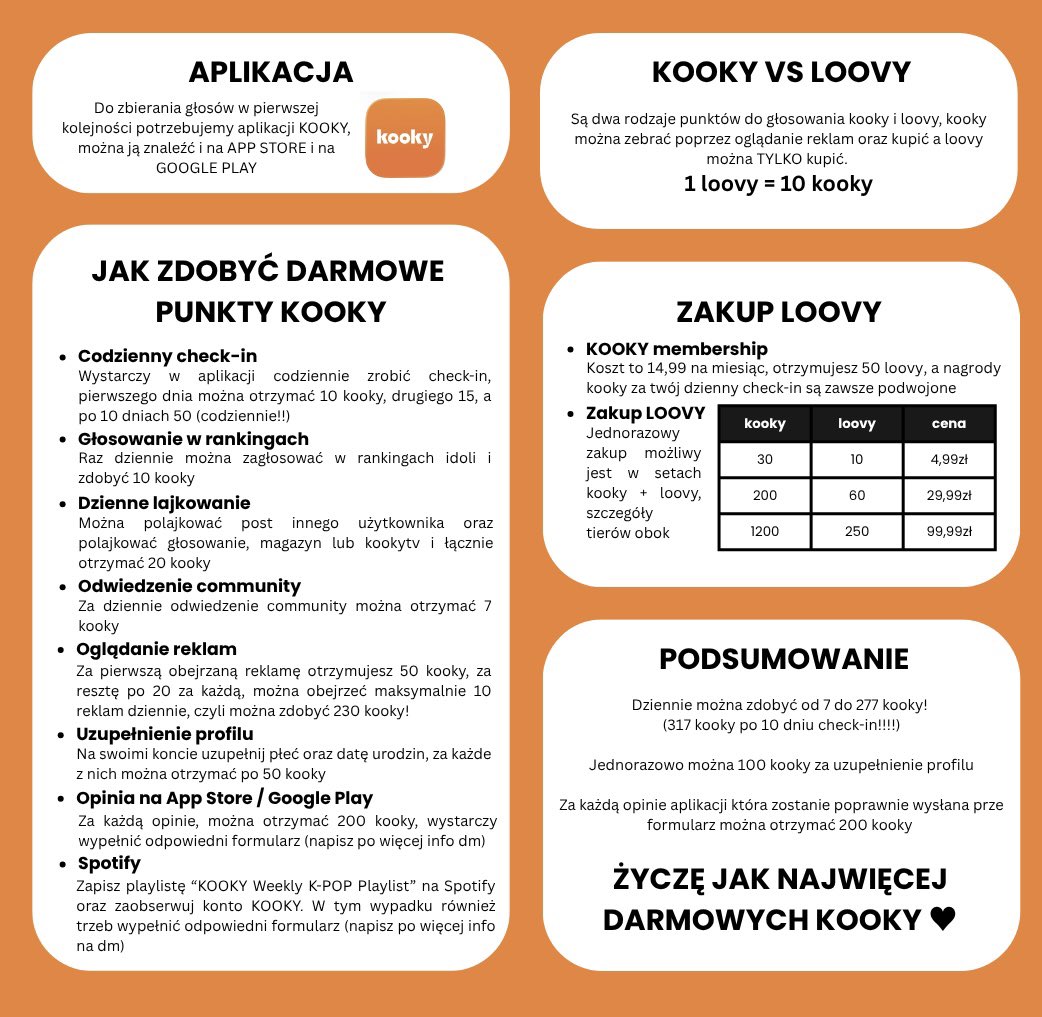 WITAM W FINAŁOWEJ RUNDZIE‼️

głosowanie do: 24.11 3:00

Z 13 KRAJÓW TYLKO 3 MAJĄ ZAGWARANTOWANY KONCERT NA EUROPEJSKIEJ TRASIE

link do głosowania 🔗 kookylinkpage.kooky.io/content/polls/…

w grafice poniżej łapcie jak zbierać darmowe kooky, zakładajcie konta na rodziców, rodzeństwo, znajomych!