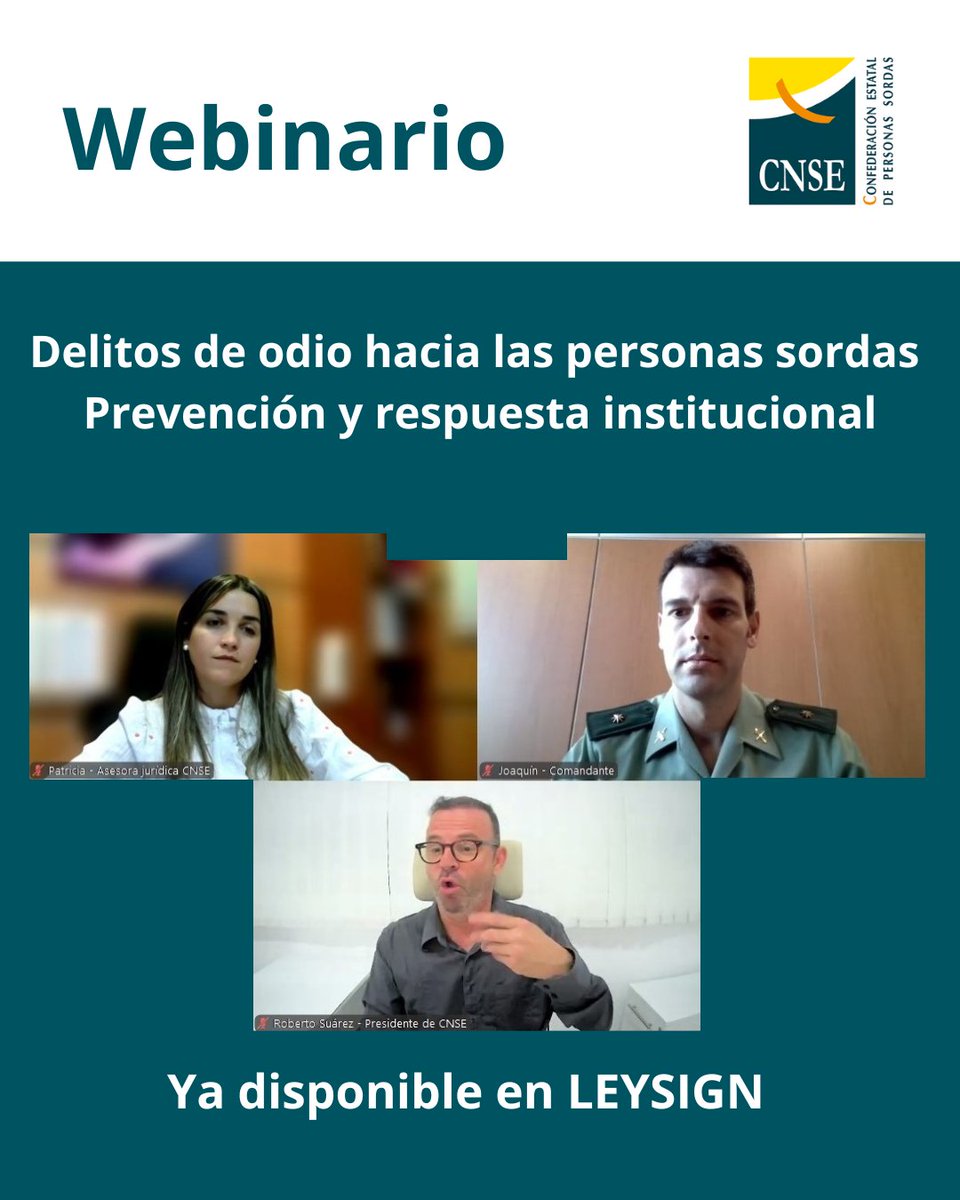 CNSEinfo's tweet photo. ✨🖥️ Ya está disponible en el portal web LeySign el webinario “DELITOS DE ODIO HACIA LAS PERSONAS SORDAS”, donde abordamos cómo identificar estos delitos, cómo actuar y qué recursos existen para proteger nuestros derechos.

🔗https://t.co/jLqYdYUgWb

#CNSE #LeySign #DelitosDeOdio #PersonasSordas #Derechos #LenguaDeSignos #Accesibilidad #Webinario
