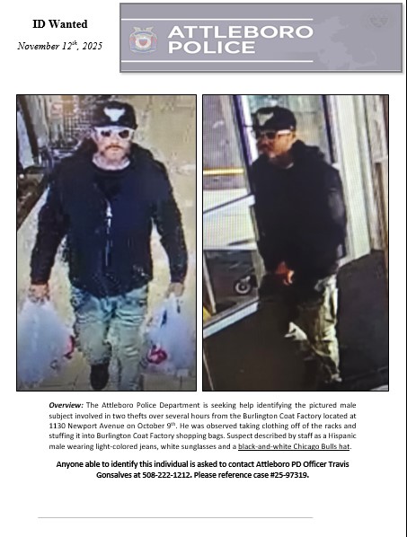 The APD is seeking help in identifying the pictured male in relation to a theft event at Burlington Coat at 1130 Newport Avenue back on October 9th. Anyone with information is asked to contact the APD at 508-222-1212.
