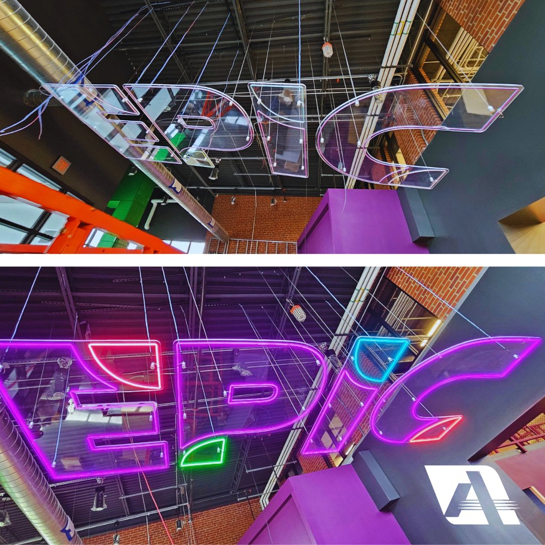 ALLANSON_INT's tweet photo. This install is… well, EPIC 😎✨ 

Highlights:
✨ Suspended acrylic letters spelling EPIC
🔌 Outlined using our 6mm Flexible Border Tubing
🌈 Vibrant color illumination that brings the whole piece to life
🧰 Fabrication by @EscoMfg for Love Sign Company

#Signage #LEDLighting https://t.co/rnfTa5sZHy
