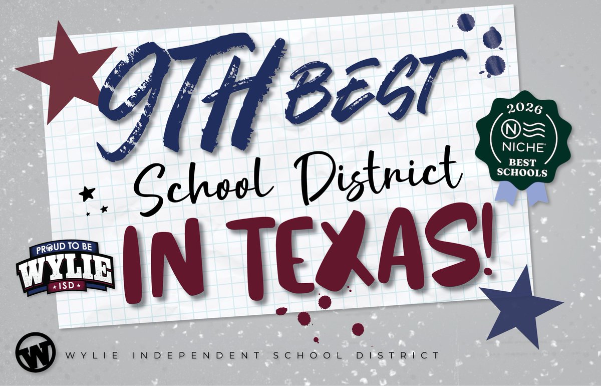 👀🎉 Have you heard? Wylie ISD is now ranked the 𝟗𝐭𝐡 𝐁𝐞𝐬𝐭 School District in Texas according to Niche’s 2026 rankings! 🏆 We jumped 5 spots from last year! Proud doesn’t even begin to cover it!! 
👉 Read all about it here: bit.ly/3LOok8D

#ProudToBeWylieISD