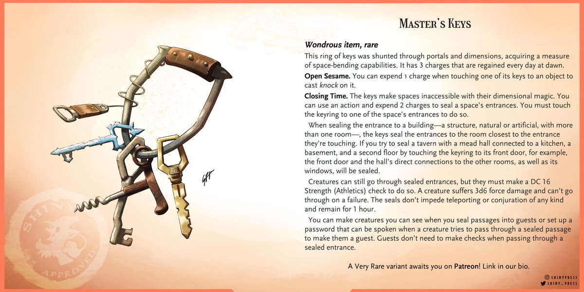 🔥 Once belonging to the keeper of a tavern in the busiest city of all realms, this key ring has traded hands and planes many times, holding odd and even magical keys on occasion.

#dnd #dnd5e #ttrpg