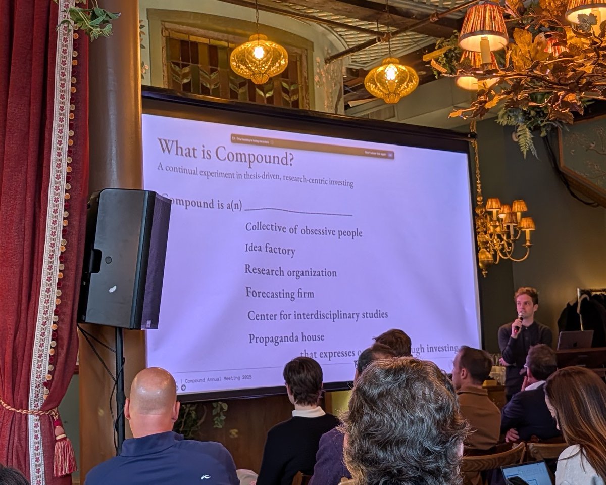 aweissman's tweet image. To me, venture firms are and should be mundane (though important) things 

OTOH this is an interesting way to describe one: 

&quot;What is Compound?&quot; 

Collective of obsessive people
Idea factory
Research organization
Forecasting firm
Center for interdisciplinary studies
Propaganda…