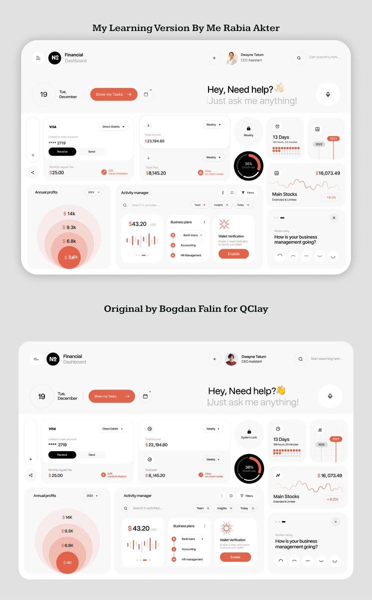 rabia191722's tweet image. Day 16 of my 120-Day UI/UX Challenge 🔥

This is a copy design for learning purposes.

Original by Bogdan Falin for QClay — all credit to the designer.

#uiux #figma #designpractice #dashboardui #learninginpublic