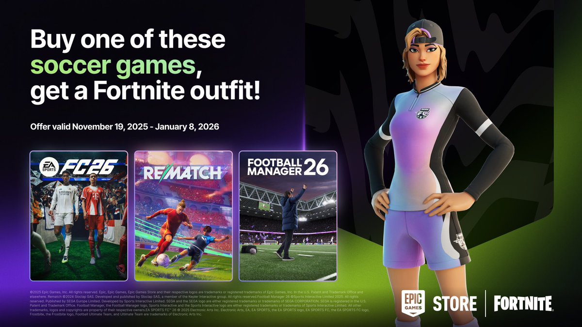 Wenn ihr ab heute bis zum 8. Januar 2026 EA SPORTS FC 26, REMATCH oder Football Manager 26 im Epic Store kauft, erhaltet ihr das Outfit "FFC Striker Sparkplug" gratis in Fortnite ❗️