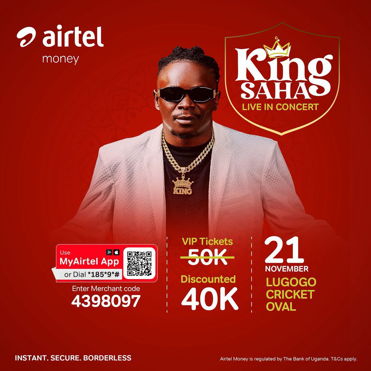 Get a discounted early bird ticket via Airtel Money or use the MyAirtel App or dial *185*9# enter code.
#KingSahaLive 
#PayWithAirtelMoney