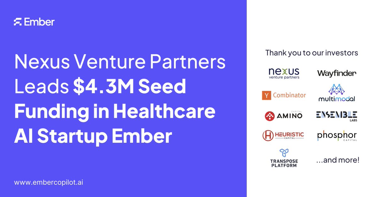 hsinleiwang's tweet image. We&apos;re excited to announce that Ember has raised a $4.3M seed funding round led by @NexusVP.

We’ve come a long way in the last four years. We’re working with some of America’s largest and most prestigious healthcare institutions. We’ve moved into a new office. We’re staffing up…