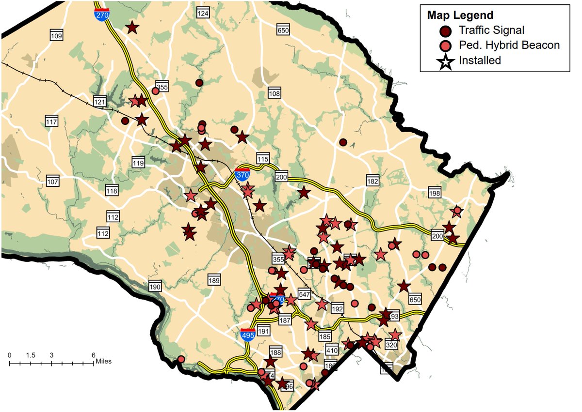 Each year, one of our biggest #VisionZero investments is installing signals &amp; beacons to create protected crossings for everyone.
See where we've made progress in the latest Annual Report: montgomerycountymd.gov/visionzero/Res…