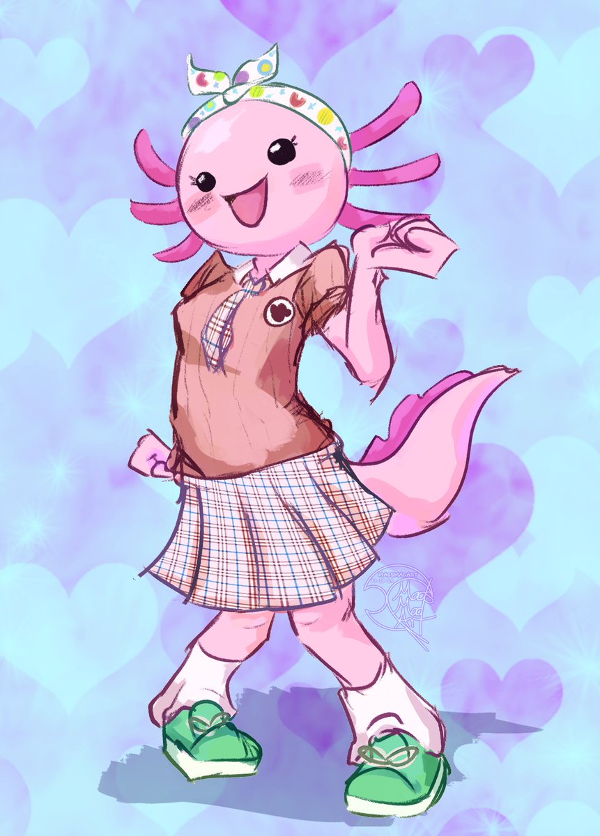 madsmadart's tweet photo. Slowly but surely getting my art motivation back yayy!! Here's my build a bear axolotl Bubblegum in one of her many outfits, which is actually a dress for pet cats haha

Since I haven't made digital art since roughly September, I'm very rusty. Progress is progress, though! https://t.co/fPtEv7opVK