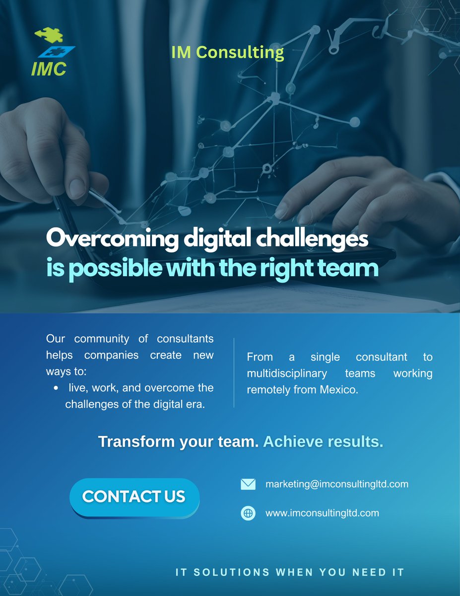 IMCItSolutions's tweet image. Overcoming digital challenges is possible with the right team.
Our community of consultants helps companies create new ways to live, work, and thrive in the digital era — from one consultant to full remote teams from Mexico.

#IMC #TechTalent #TransformYourTeam