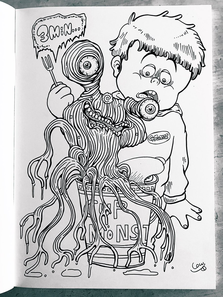 Low6s's tweet image. カップモンスターヌードル。3分待つとウニョウニョ出てくるよ。#イラスト　#イラスト好きな人と繋がりたい