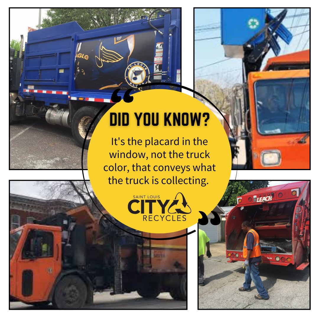 STLCityRecycles's tweet image. Don&apos;t let the color of the truck confuse you!

The Refuse Division has a variety of truck colors that can be dispatched for any type of route - solid waste, recycling, yard waste or bulky!  Identify the route by the placard on the dashboard.

#STLCityRecycles #Refuse #STL