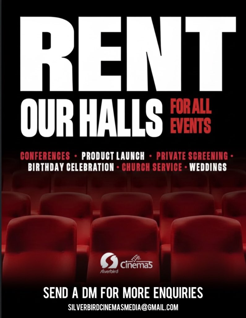 SilverbCinemas's tweet image. Host unforgettable events at Silverbird Cinemas! 🎬✨

From conferences to private screenings, birthday celebrations, church services, product launches and more 

#SilverbirdCinemas #EventSpace #HallRental #MovieVenueEvents #PrivateScreening #ConferenceVenue #BirthdayCelebration