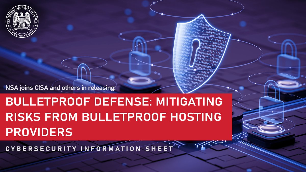 NSACyber's tweet image. Cybercriminals are increasingly using bulletproof hosting networks to target victims globally while evading law enforcement. Internet service providers and network defenders should follow our new joint guidance to mitigate this malicious activity. bit.ly/49tET3w