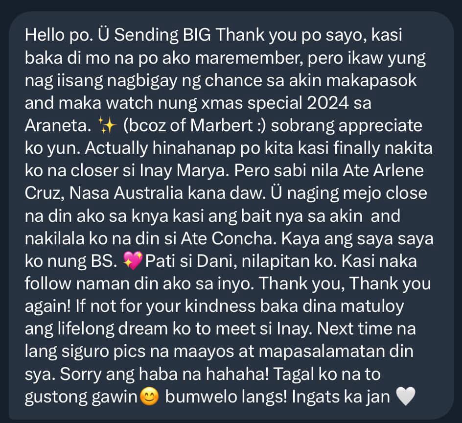 Natuwa ako sa message na natanggap ko. Nice reminder na simple kindness goes a long way. Ang sarap lang sa feeling na somehow may natulungan or napasaya yung simple act na nagawa.

For the love of Maricel Soriano, always. ♥️

#MeetGreetAndBye still showing