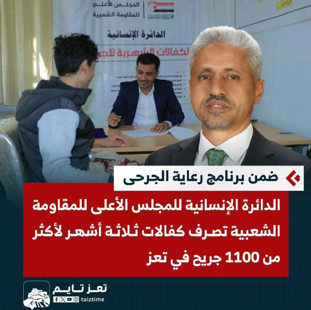 الدائرة الإنسانية للمجلس الأعلى للمقاومة الشعبية تصرف كفالات ثلاثة أشهر لأكثر من 1100 جريح في تعز

تعز: خاص

دشّنت الدائرة الإنسانية في المجلس الأعلى للمقاومة الشعبية عملية صرف الكفالات المالية للجرحى المستهدفين في محافظة تعز، وذلك للثلاثة الأشهر الماضية (أغسطس - سبتمبر -