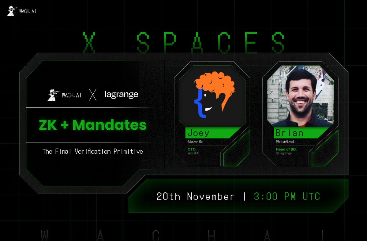 Wach_AI's tweet image. ZK + Mandates  - The Final Verification Primitive

Lagrange runs the heavy compute in zero-knowledge. 
 
WachAI checks the result, signs off only if it matches the deal, then x402 pays.

Thursday 20th Nov | 3PM UTC   
@lagrangedev × @Wach_AI   
Joining us @Joeyy_0x + @BrianNovell