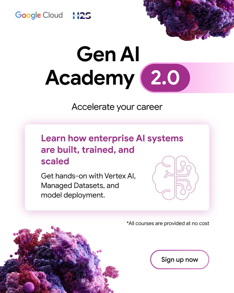 hack2skill's tweet image. Unlock AI/ML potential with hands-on labs on #VertexAI and #DocumentAI. Learn how to automate workflows and build intelligent models—all at no cost.

➡️ Enroll now in Gen AI Academy 2.0: goo.gle/genaiacademy2

#GenAIExchange #AI @googlecloud