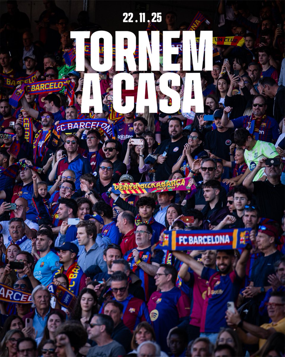FCBarcelona's tweet photo. 𝗧𝗢𝗥𝗡𝗘𝗠 𝗔 𝗖𝗔𝗦𝗔 🏟️

It’s a historic day and worth looking your best. Put on your Barça jersey and scarf to cheer from the stands. https://t.co/9t0KoViFNC