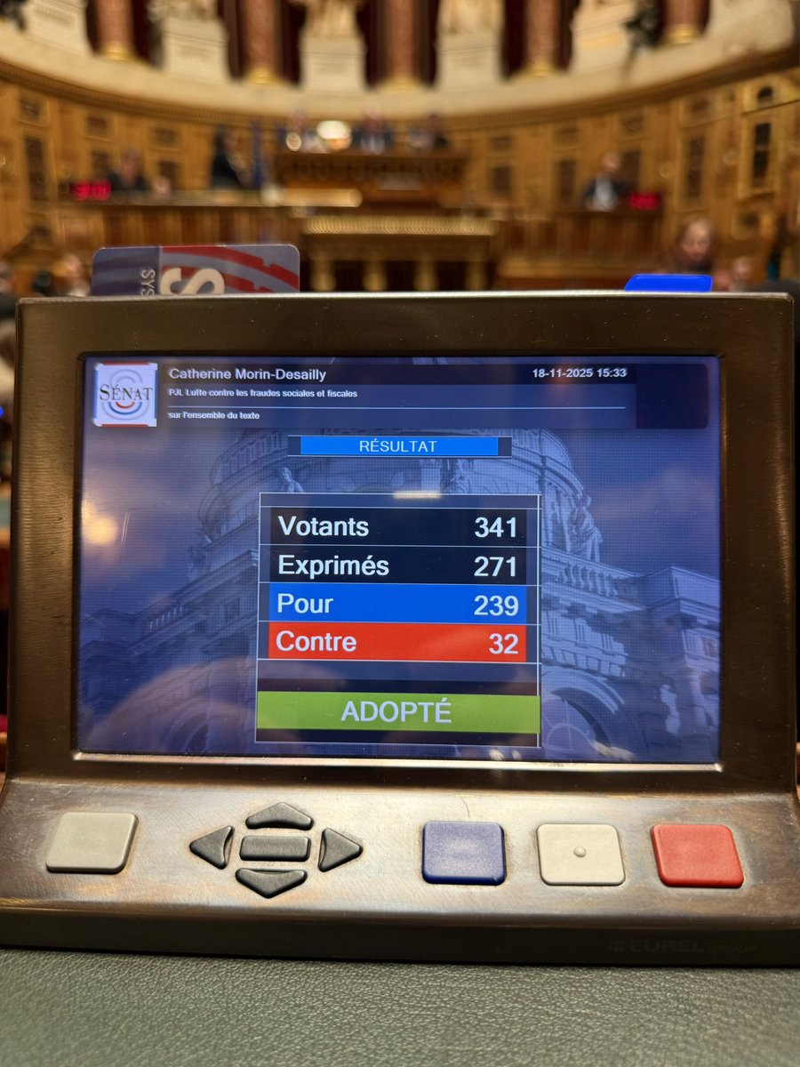 🗳️cette semaine vote du projet de loi luttant contre les fraudes sociales &amp; fiscales. 
L’Objectif : gagner en efficacité dans 
✅la détection
✅les sanctions
✅le recouvrement des fraudes
Merci à notre collègue <a href="/senateur61/">Nathalie Goulet</a> qui alerte depuis longtemps  sur le sujet