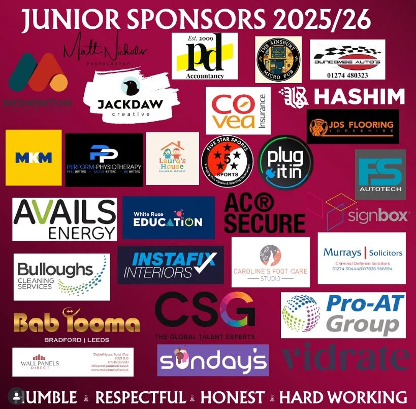 The header reads "Junior sponsors 2025/26", with the bottom text describing the team values as "humble, respectful, honest and hardworking". The graphic features all the company logos that are sponsoring the team for the 2025/26 season, including the Pro-AT Group logo.