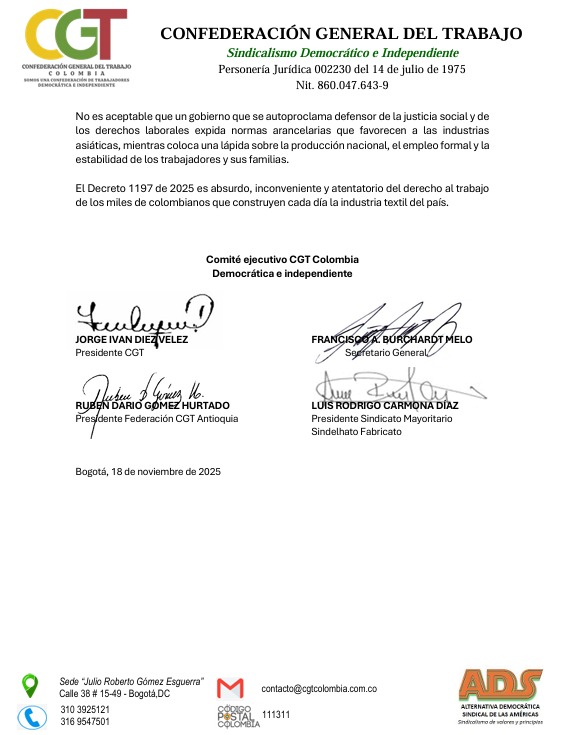 <a href="/UltimaHoraCR/">ÚltimaHoraCaracol</a> Los trabajadores de textileras del país rechazamos el Decreto 1197 de 2025 del <a href="/MincomercioCo/">MinComercio Colombia</a> por medio del cual <a href="/petrogustavo/">Gustavo Petro</a> elimina el arancel a las importaciones de algodón del 10 % a 0 % Afectando la industria nacional y dando via libre a la competencia china <a href="/ADS_Americas/">ALTERNATIVA DEMOCRÁTICA SINDICAL DE LAS AMÉRICAS</a>