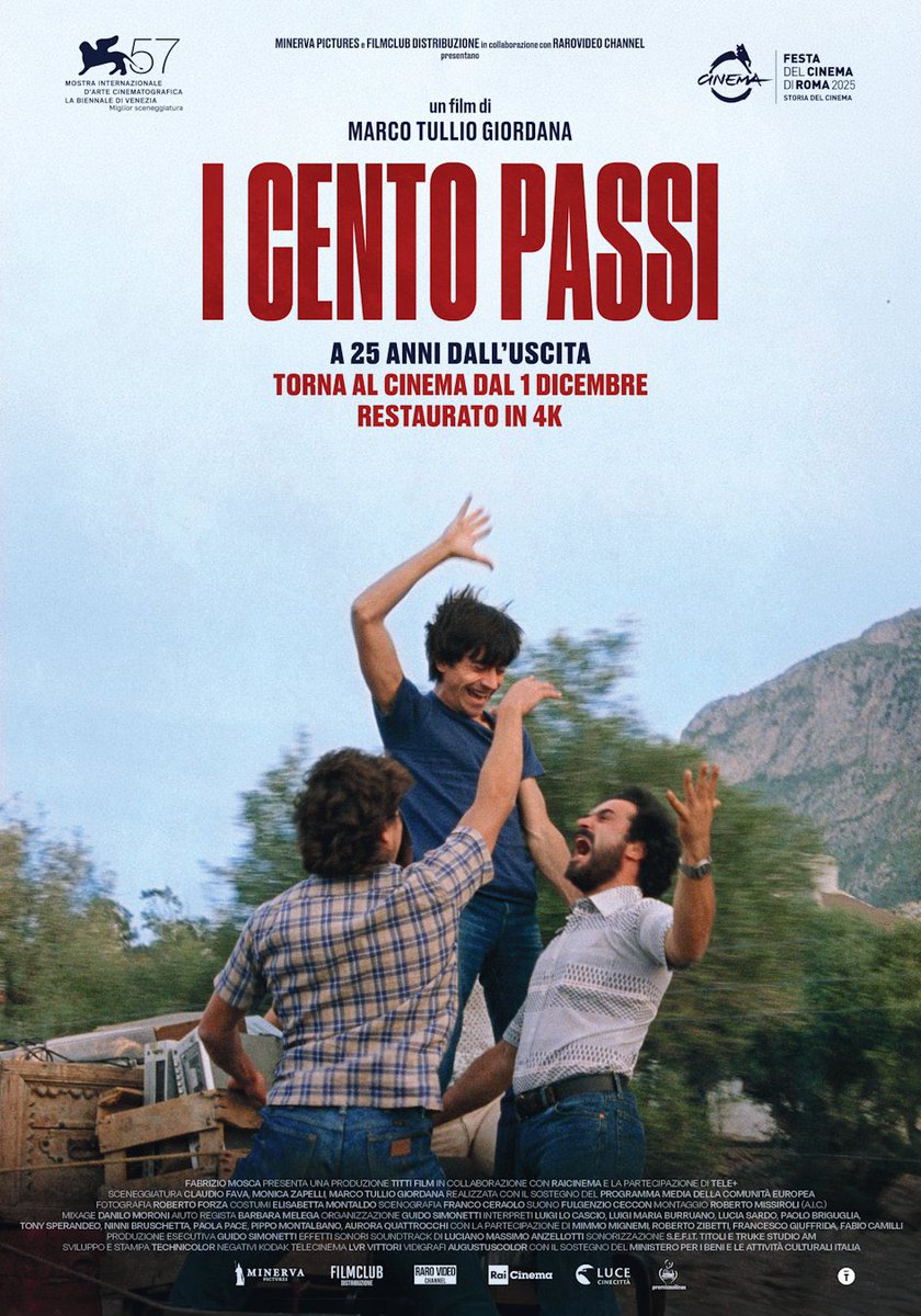“I cento passi” di Marco Tullio Giordana torna al cinema il 1° dicembre, in occasione dei suoi 25 anni, distribuito da Minerva Pictures e Filmclub Distribuzione.

Con Luigi Lo Cascio, Luigi Maria Burruano, Paolo Briguglia, Tony Sperandeo, Lucia Sardo e Claudio Gioè.
