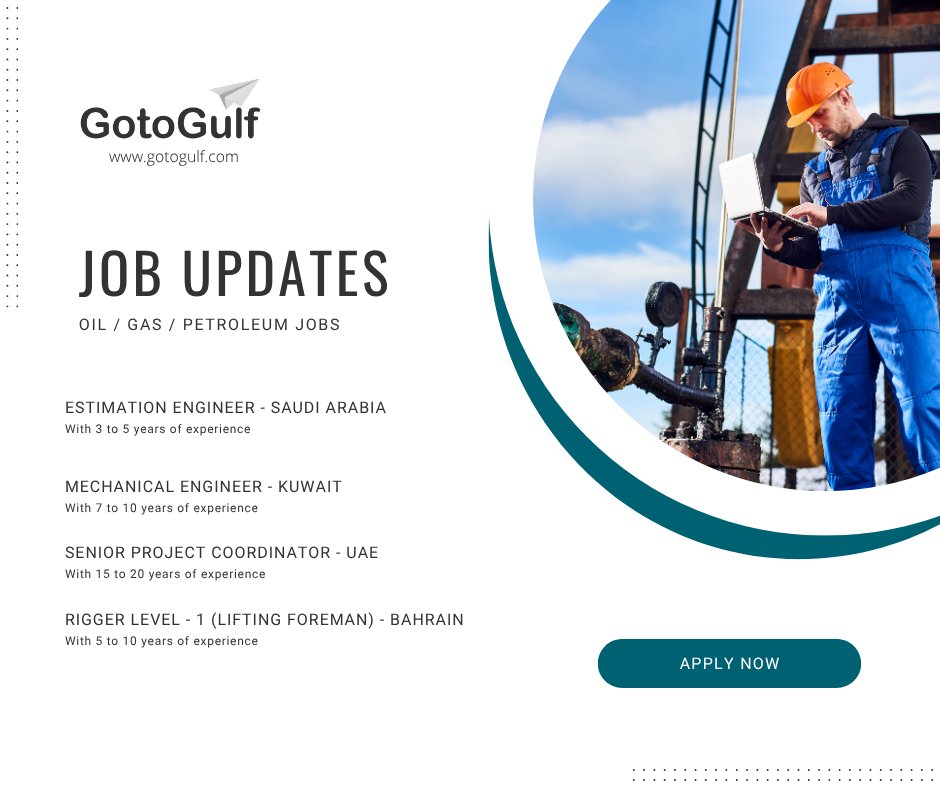 GotoGulf's tweet image. Click on the below link to apply for the job vacancies,
gotogulf.com/PublicSearchVi…
#jobseekers #Estimationengineer #Mechanicalengineer #Seniorprojectcoordinator #Riggerlevel1 #Bahrain #saudiarabia #UAE #kuwait #GCC