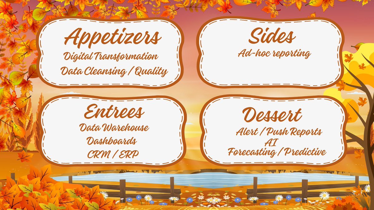 IntegrityDataI1's tweet image. I am excited to be the guest speaker at tomorrow&apos;s Springboro Chamber Lunch and Learn!  Here are a couple slides featuring a fall and Thanksgiving theme.  I will present a &quot;menu&quot; of options on how to get the most from your business data!