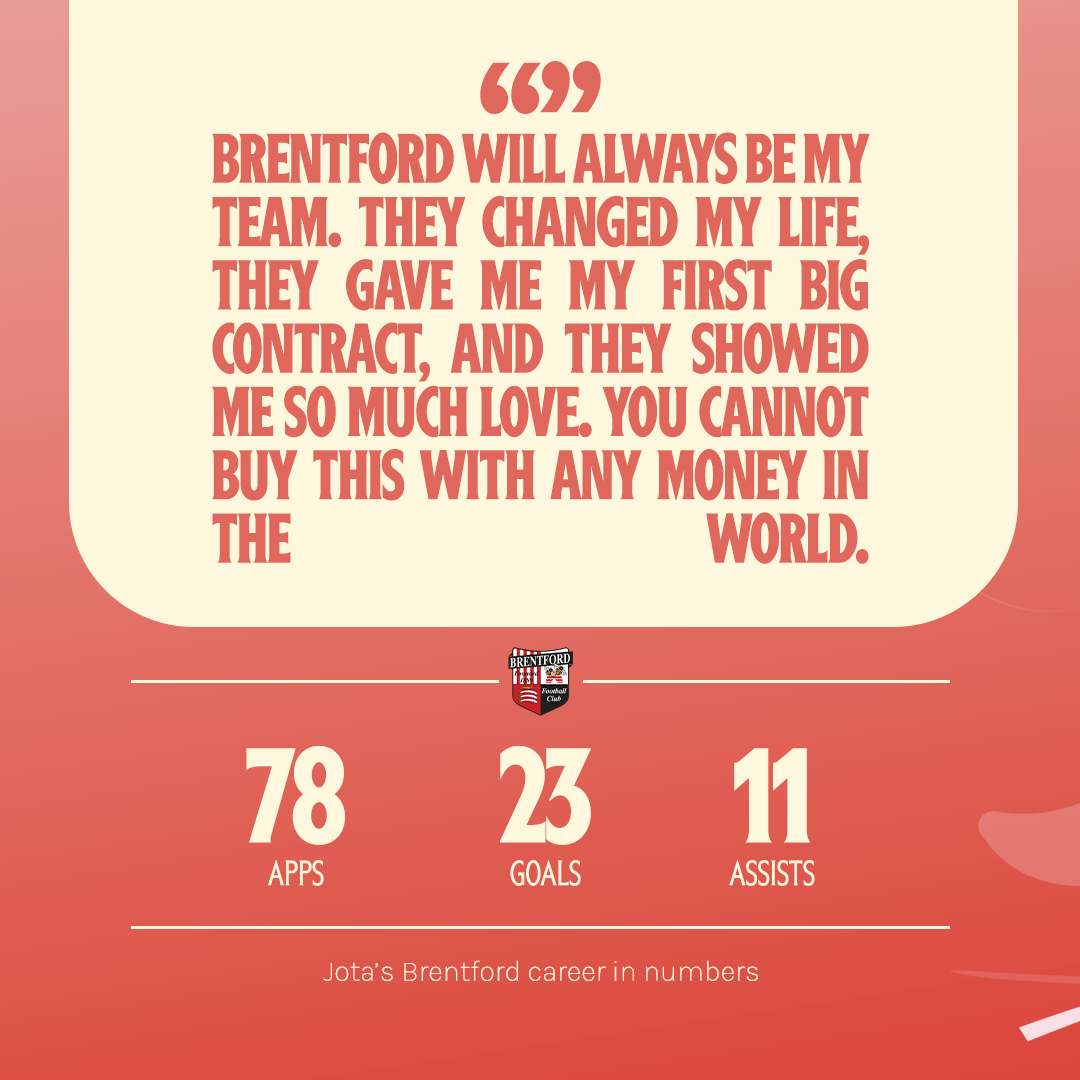 BrentfordFC's tweet photo. "Brentford is the club of my heart” 🥰

On the anniversary of his most famous goal in red and white, Jota sits down to talk about how Brentford 'changed my life' ⤵️