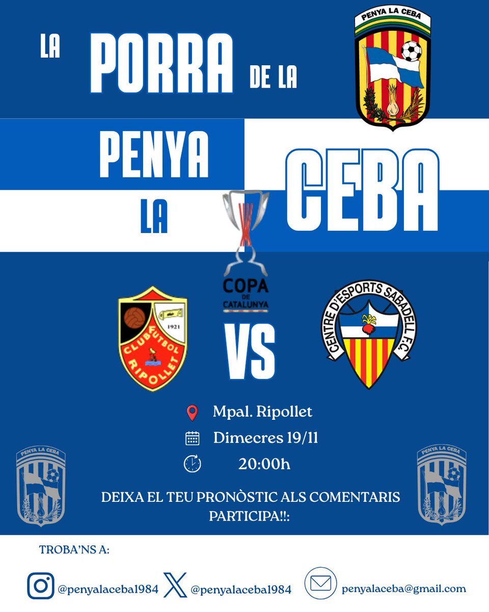🙌🏻LA PORRA DE LA PENYA LA CEBA🧅💙🤍

AVUI toca Copa Catalunya a Ripollet💪🏻⚔️
Deixa el teu pronòstic als comentaris 👇
Encertaràs el resultat o t’enduràs una ceba? 🧅😜

📅 Dimecres 19/11– 20.00h
📍 Mpal. Ripollet

Amb TOT arlquinats!💪🏻💪🏻

#SomLaCeba  #PorraArlequinada