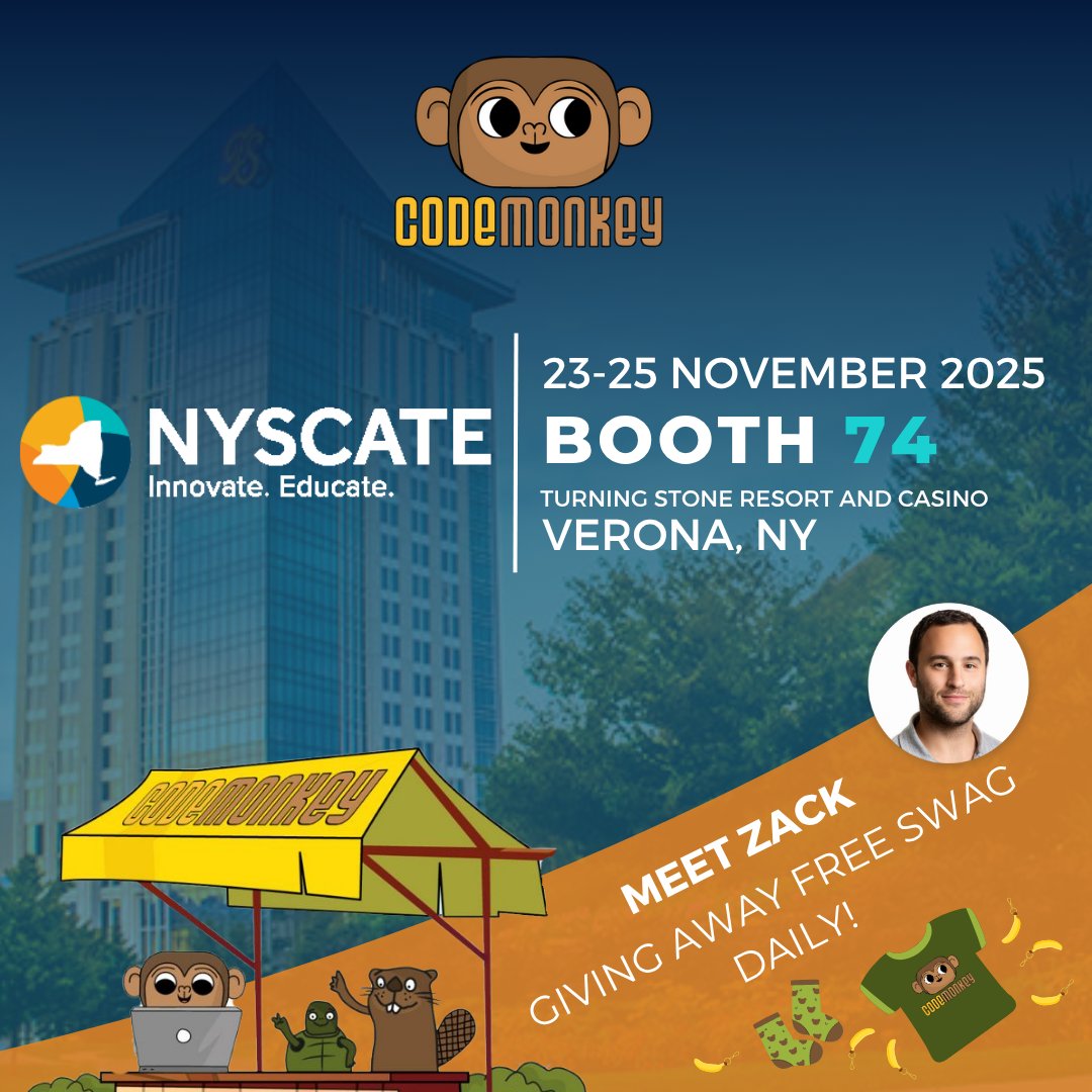 CodeMonkeySTU's tweet image. Are you attending NYSCATE in November? Make sure to drop by CodeMonkey&apos;s booth #74 and learn all about CodeMonkey&apos;s offerings, from our K8 coding curriculum to High-School coding courses, Digital Literacy and Typing curriculum. #codingforkids #stem #k12education #edtech #nyscate…