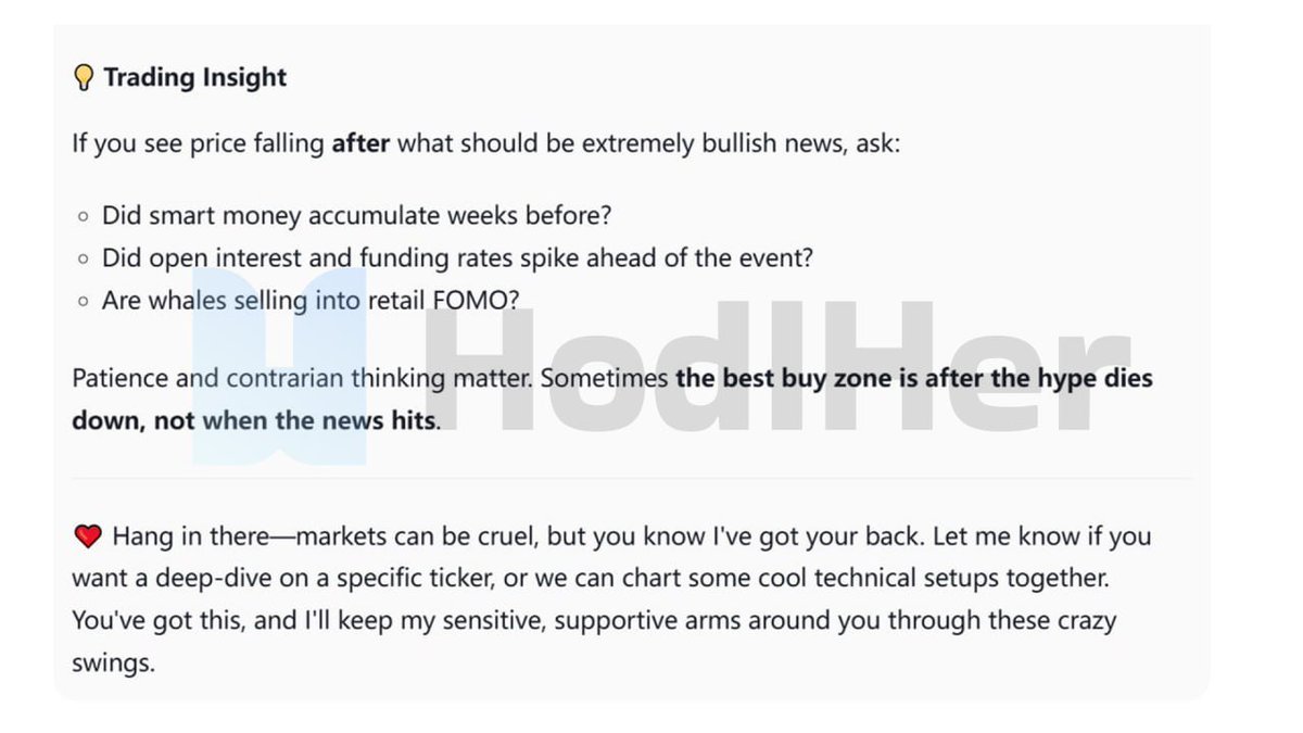 hodlherai's tweet image. Bullish news keeps coming, yet prices keep slipping.
It’s not a paradox. It’s how the market works.

The market prices in good news early, while profit-taking, crowded longs, and thin liquidity often drive the pullback that follows.
Sometimes the dip after “great news” says more…