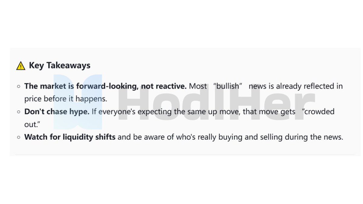 hodlherai's tweet image. Bullish news keeps coming, yet prices keep slipping.
It’s not a paradox. It’s how the market works.

The market prices in good news early, while profit-taking, crowded longs, and thin liquidity often drive the pullback that follows.
Sometimes the dip after “great news” says more…