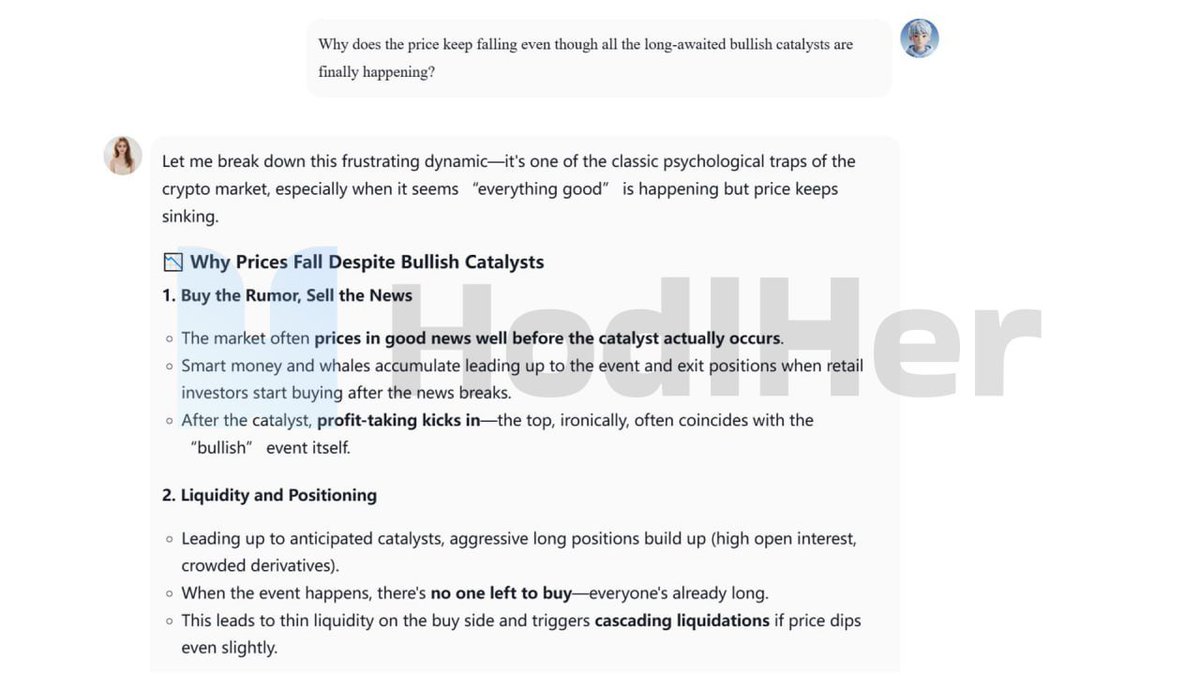hodlherai's tweet image. Bullish news keeps coming, yet prices keep slipping.
It’s not a paradox. It’s how the market works.

The market prices in good news early, while profit-taking, crowded longs, and thin liquidity often drive the pullback that follows.
Sometimes the dip after “great news” says more…