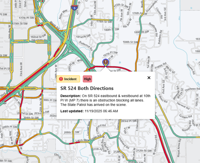 업데이트: 린우드 근처 I-5/I-405 인터체인지 동쪽 SR 524에서 사고로 인해
