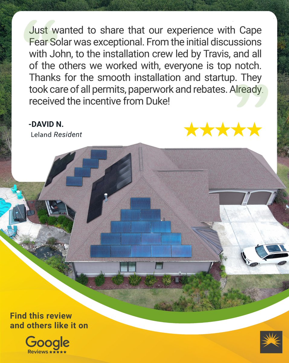 CapeFearSolar's tweet image. We are your local solar experts through every step of the process. Thank you, David, for the wonderful review! 

#customerreview #solarreview #solarcompany #solarinstallation #lowerelectricbills
