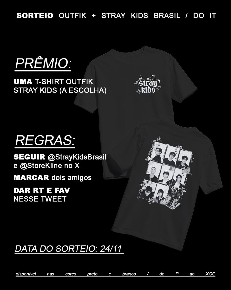 StrayKidsBrasil's tweet image. 🤍 SORTEIO T-SHIRT STRAY KIDS 🤍

A SKZBR em parceria com a @StoreKLine irá sortear uma t-shirt outfik do Stray Kids para vocês 🥳

Além disso, a loja disponibilizou um cupom de desconto (STRAYKIDSBR) para qualquer t-shirt do Stray Kids, então não deixem de ir conferir os…