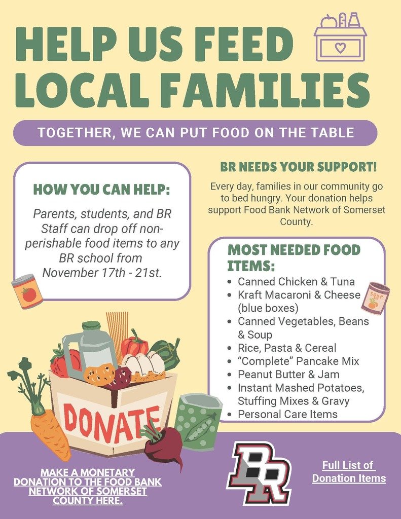 Help Us Feed Local Families!  Together, we can put food on the table.  Drop your items in the black boxes located in the 100, 900, and 1000 buildings by the end of the day on Friday.  See flyer for details: 5il.co/3sfr6