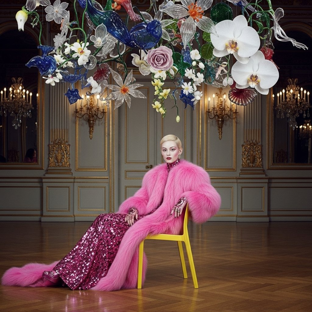 syntaxaegis's tweet image. She waits in a throne of mustard plastic, cloaked in fuchsia and watched by a chandelier of botanical spies.

#hautecouture #digitalart #surreal #fashion #surrealism