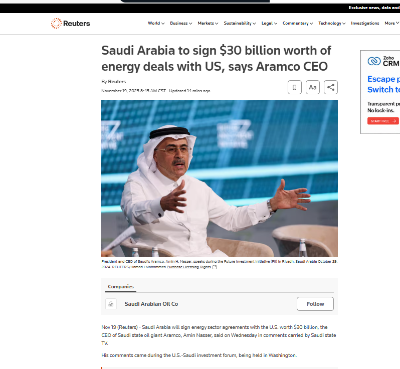 anasalhajji's tweet photo. Saudi Arabia to sign $30 billion worth of energy deals with US, says Aramco CEO

@EladioSantiag14 watch the LNG deals... https://t.co/lQS1bE6bhx