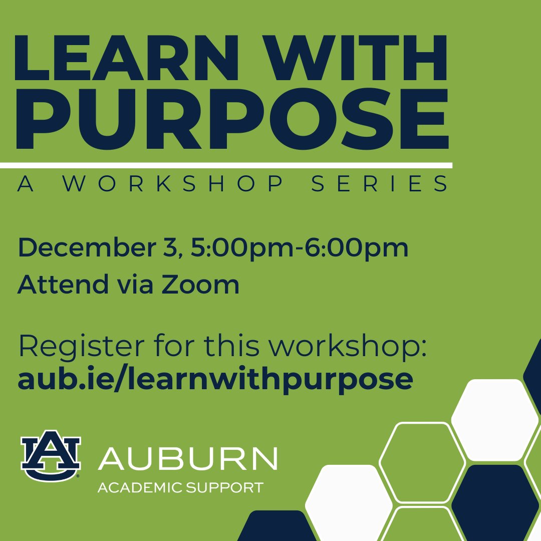 Learn With Purpose: A Workshop Series; December 3, 5:00pm-6:00pm (Zoom)

Register: aub.ie/learnwithpurpo…