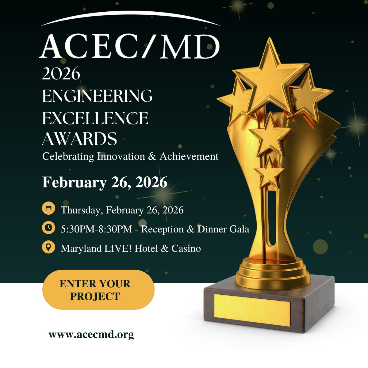 The ACEC/MD 2026 Engineering Excellence Awards are approaching fast — don’t miss the chance to showcase projects that define innovation, achievement, and value.

Submit your project using the entry form found on our website:
ow.ly/J6zJ50Xku98

Entries due November 21!