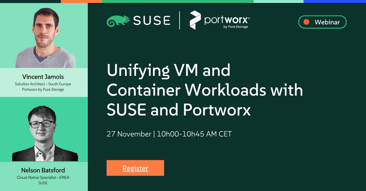 SUSE's tweet image. 🚨 WEBINAR: Rethink virtualization

Join SUSE and @portwx and learn how to unify VMs + containers:

 ✅ Simplify ops
 ✅ Boost resilience
 ✅ Cut hybrid cloud costs

👉 Save your seat: okt.to/jmQMne

#SUSE #Portworx #Kubernetes
