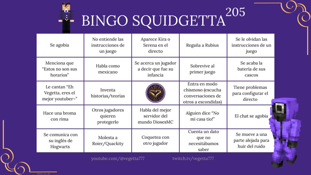 Jess_Ca_Ab's tweet photo. 📢| Atención Guapísimos✨

Hoy comienzan los Squid Craft Games 4 y que mejor que un Bingo para que nos divirtamos como comunidad 💜

¿Vegetta se agobiará? ¿Habrá broma con el 205? ¿Su memoria de pez le jugará en contra? Pronto lo descubriremos!

#Vegetta #SquidCraftGames https://t.co/cQVmNmsV27