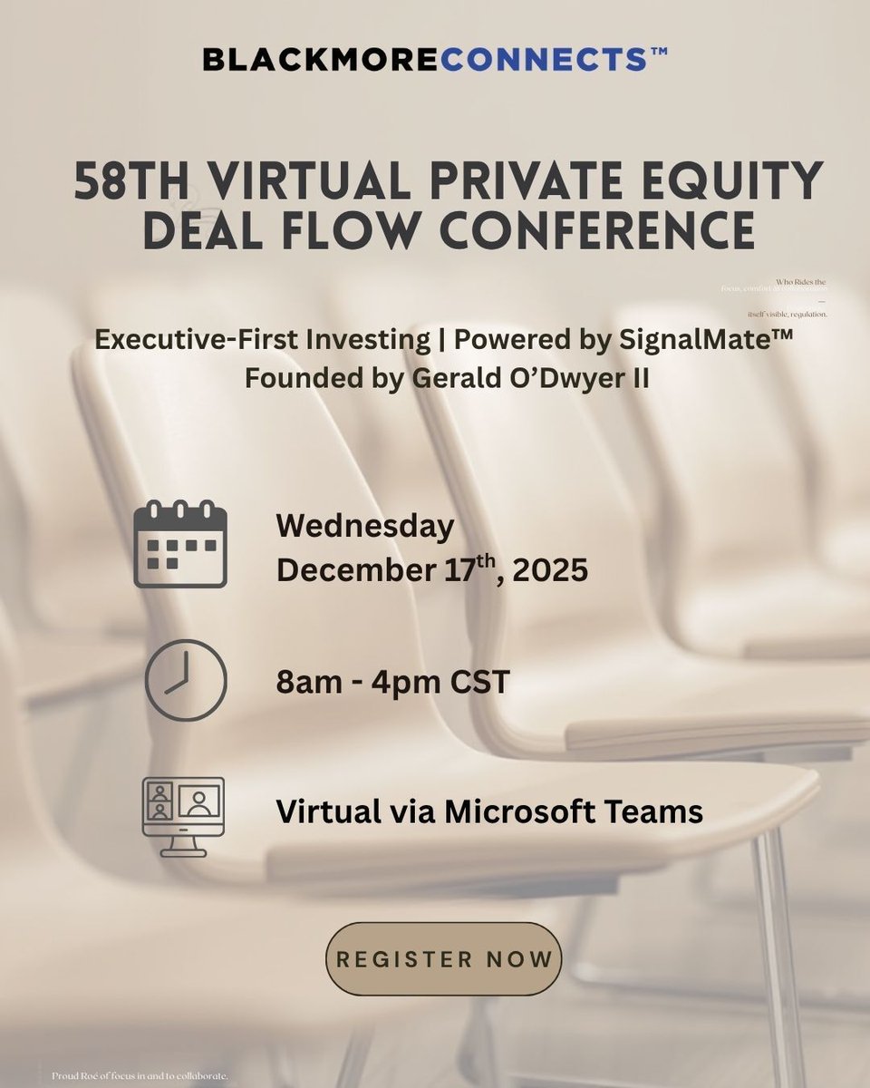 BlackmoreInc's tweet image. Your next opportunity isn’t a job — it’s equity 🚀
Join BlackmoreConnects™ PE Virtual Conference, Dec 17, for live deal access &amp;amp; Bootcamps.
👉 Book a call with Gerald O&apos;Dwyer to learn more: go.appointmentcore.com/book/XC4kkAJ 
#PrivateEquity #DealFlow #BoardOpportunities