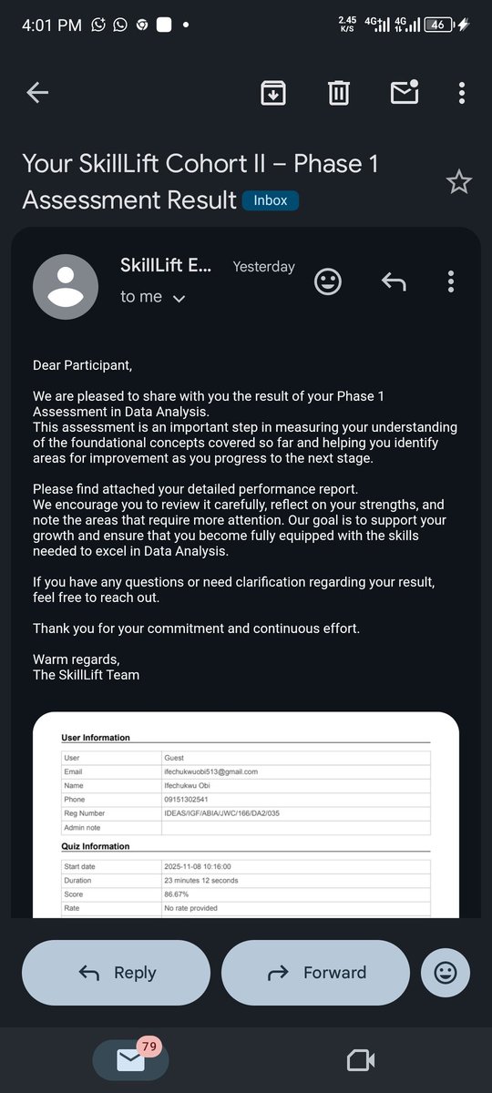 IfechukwuO33356's tweet photo. Just got my Phase 1 Data Analysis assessment result. I passed with 86.67%, but honestly… I know I could’ve done better.
Still, progress is progress. Growth is the goal.
We move — all the best to everyone on this journey.
#DataAnalysis #SkillLift #ProgressNotPerfection https://t.co/HEzhG7mS51