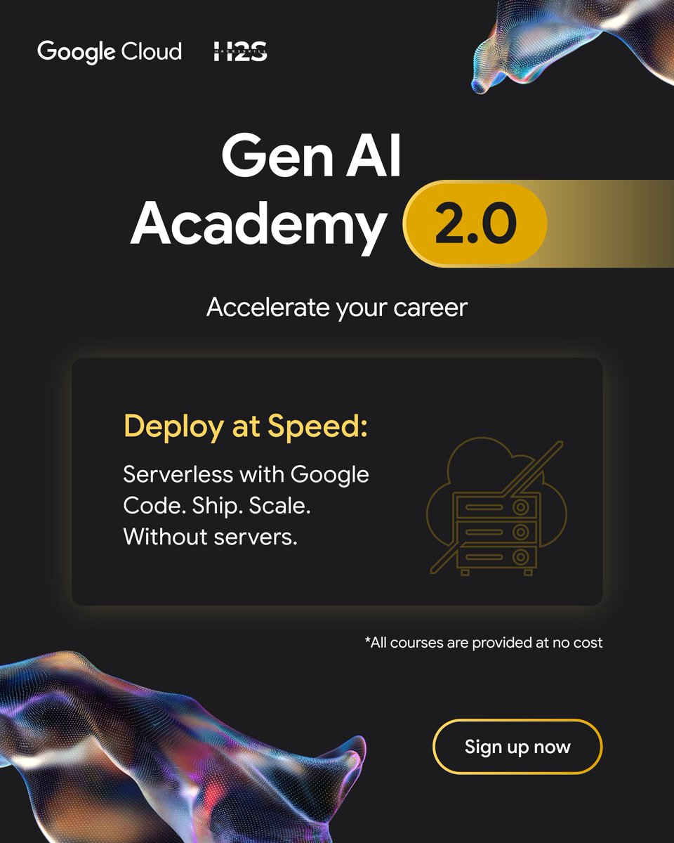 hack2skill's tweet image. Accelerate app development with #serverlesscomputing. Learn to deploy cloud-native applications efficiently through interactive labs in Gen AI Academy 2.0 - all at no cost.

➡️ Enroll today: goo.gle/genaiacademy2

#GenAIExchange @googlecloud