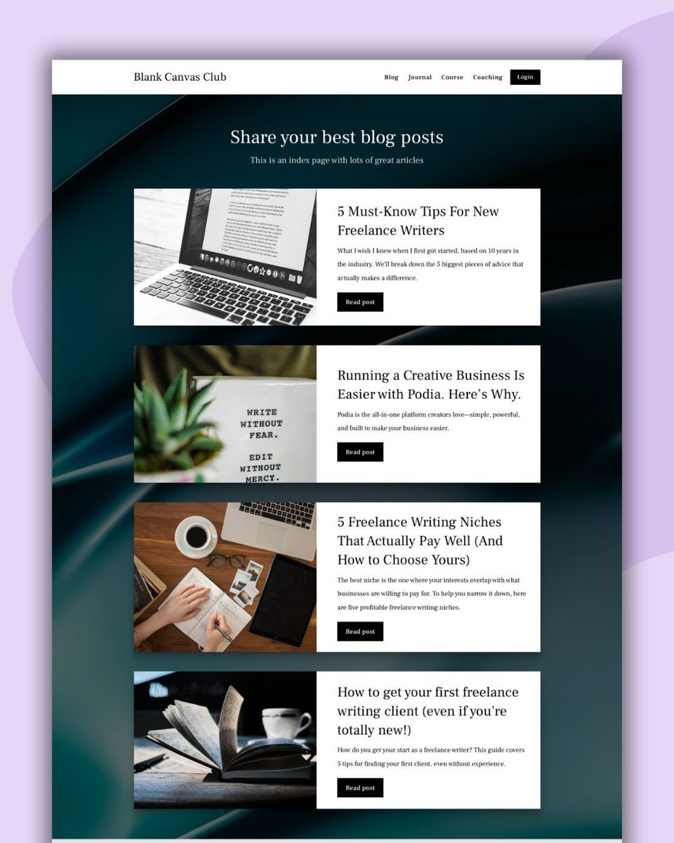 Publish your next post where your business actually happens. With Podia, your blog lives right next to your products, courses, and email list, so you don't need to juggle separate platforms. 

(Already have a blog? Podia's blog post importer makes it easy to switch so you can